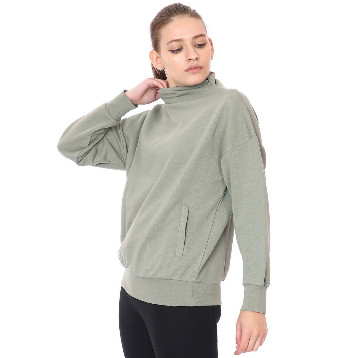Zip Neck Cotton Kadın Gri Günlük Stil Sweatshirt 21KKTL13D01-GRI