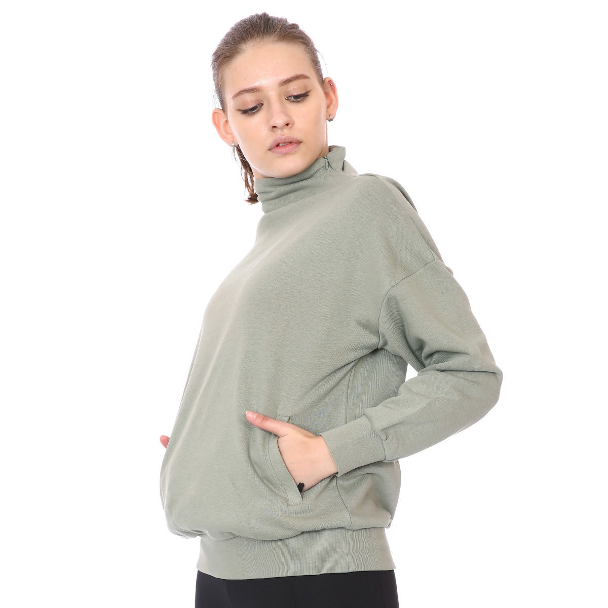 Zip Neck Cotton Kadın Gri Günlük Stil Sweatshirt 21KKTL13D01-GRI
