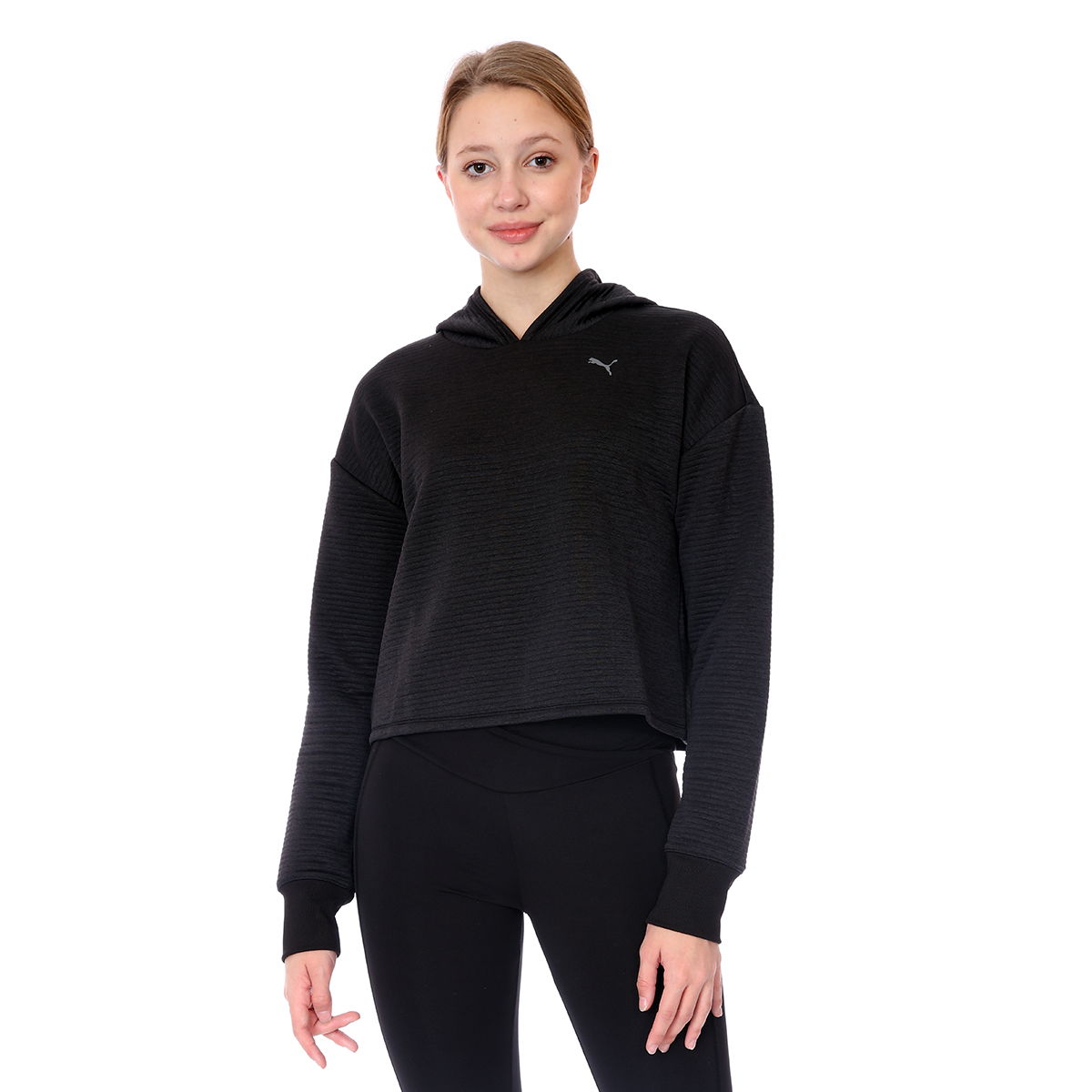 Studio Q4 Textured Skimmer Hoodie Kadın Siyah Antrenman Tişört 52099301